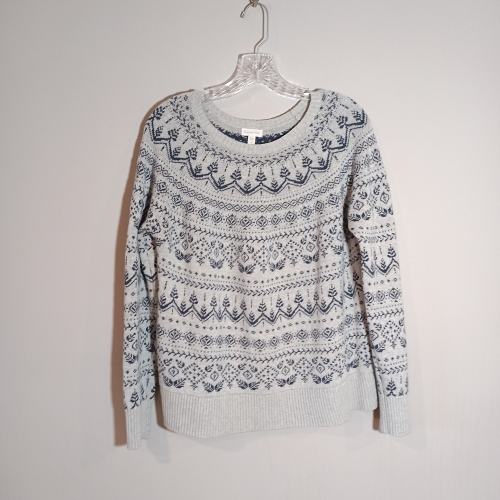 Garnet Hill Cropped Boxy Fair Isle Sweater Nordic Print Size S Oversize Fit Grey